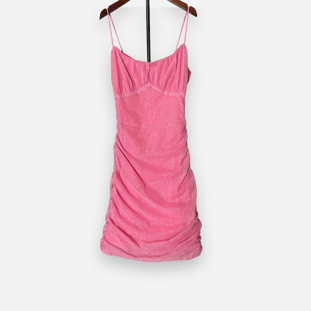 Windsor Pink Glitter Ruched Bodycon Mini Dress Size Small Spaghetti Strap Party